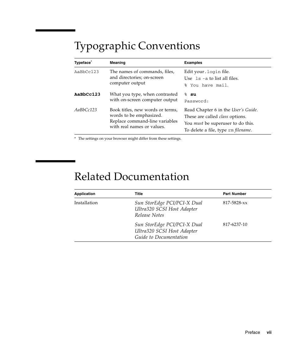 Typographic conventions related documentation | Sun Microsystems LSI22320-SR User Manual | Page 7 / 48