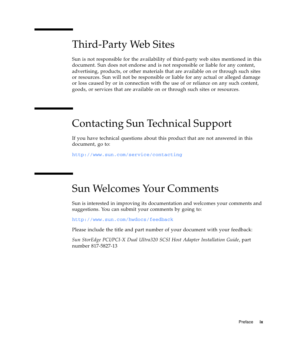 Third-party web sites, Contacting sun technical support, Sun welcomes your comments | Sun Microsystems LSI22320-SR User Manual | Page 9 / 48