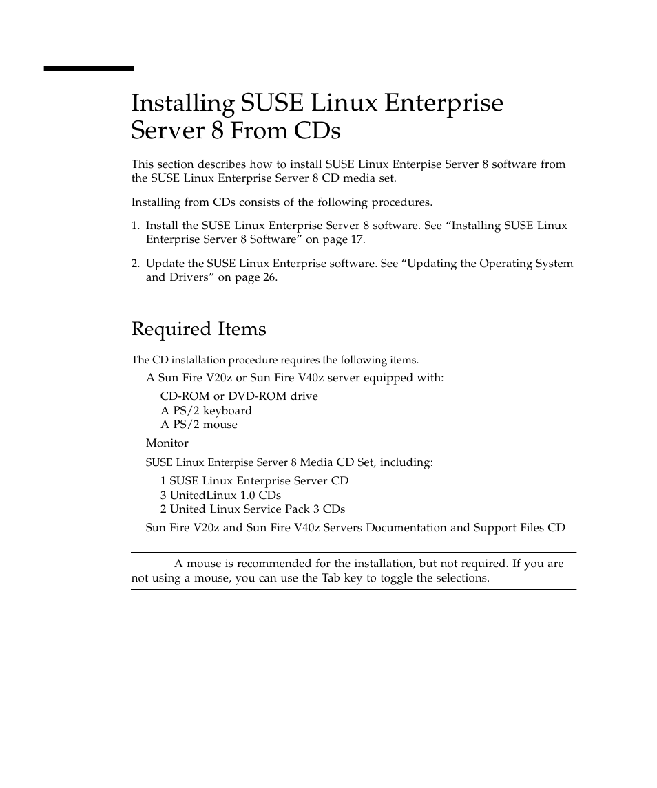 Installing suse linux enterprise server 8 from cds, Required items, Suse linux enterprise server 8 | Installing | Sun Microsystems Sun Fire V40z User Manual | Page 22 / 66