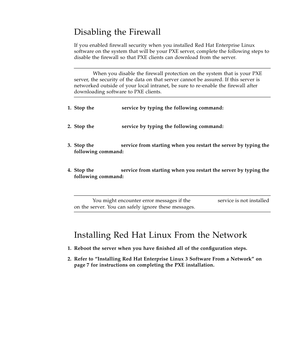 Disabling the firewall, Installing red hat linux from the network | Sun Microsystems Sun Fire V40z User Manual | Page 55 / 66