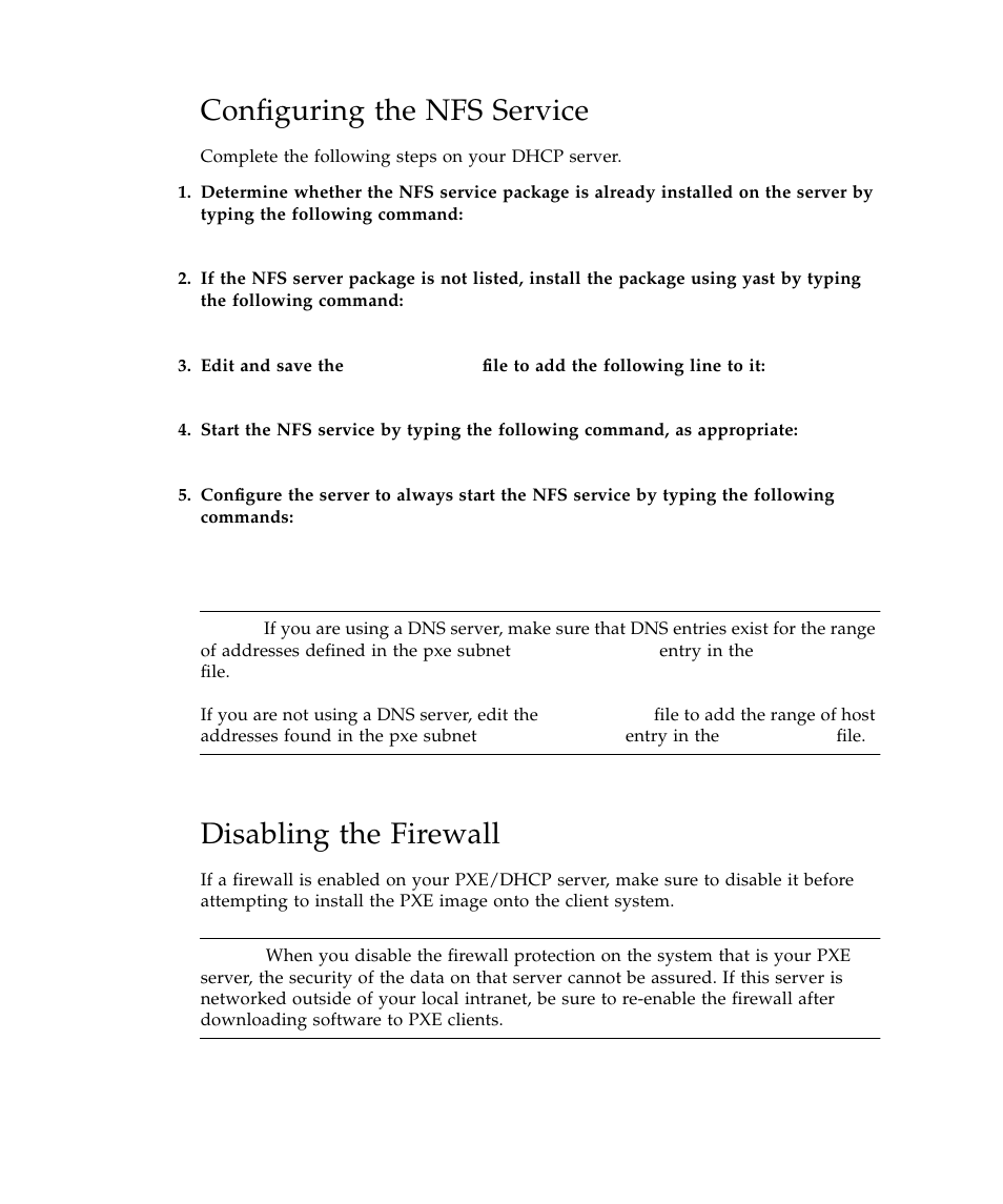 Configuring the nfs service, Disabling the firewall | Sun Microsystems Sun Fire V40z User Manual | Page 62 / 66