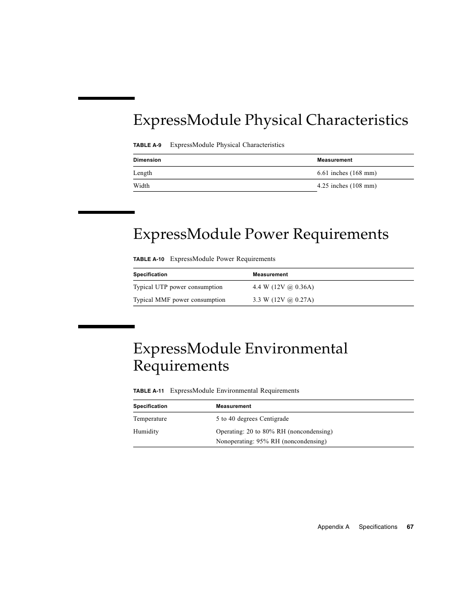 Expressmodule physical characteristics, Expressmodule power requirements, Expressmodule environmental requirements | Sun Microsystems Ethernet MMF/UTP Adapter User Manual | Page 101 / 122