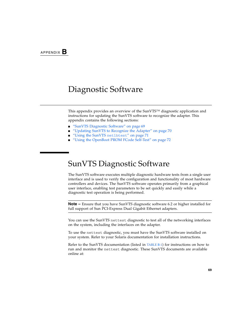 Diagnostic software, Sunvts diagnostic software, Appendix b | Sun Microsystems Ethernet MMF/UTP Adapter User Manual | Page 103 / 122