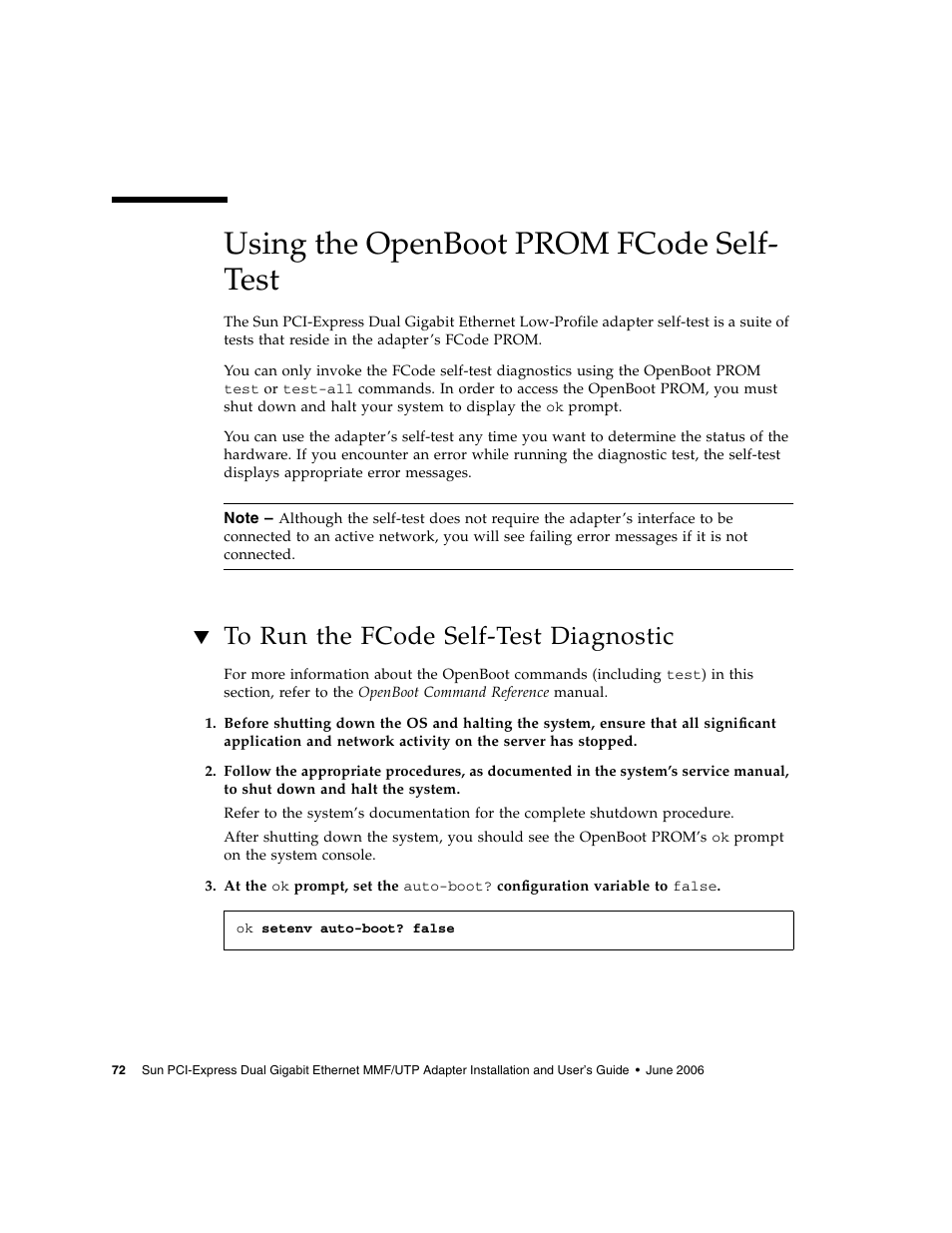 Using the openboot prom fcode self- test, To run the fcode self-test diagnostic, Using the openboot prom fcode self-test | Sun Microsystems Ethernet MMF/UTP Adapter User Manual | Page 106 / 122