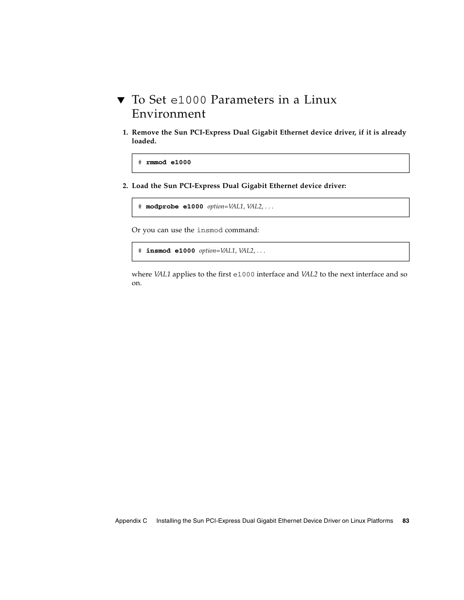 To set e1000 parameters in a linux environment, To set e1000 | Sun Microsystems Ethernet MMF/UTP Adapter User Manual | Page 117 / 122