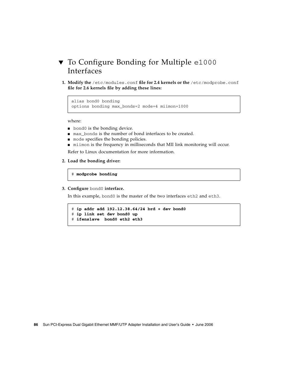 To configure bonding for multiple e1000 interfaces | Sun Microsystems Ethernet MMF/UTP Adapter User Manual | Page 120 / 122