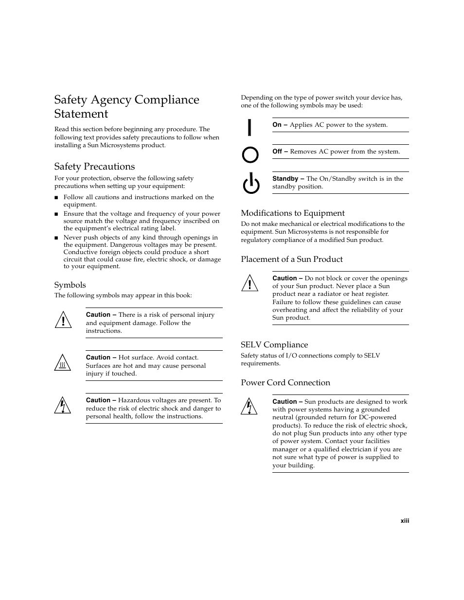 Safety agency compliance statement, Safety precautions | Sun Microsystems Ethernet MMF/UTP Adapter User Manual | Page 13 / 122