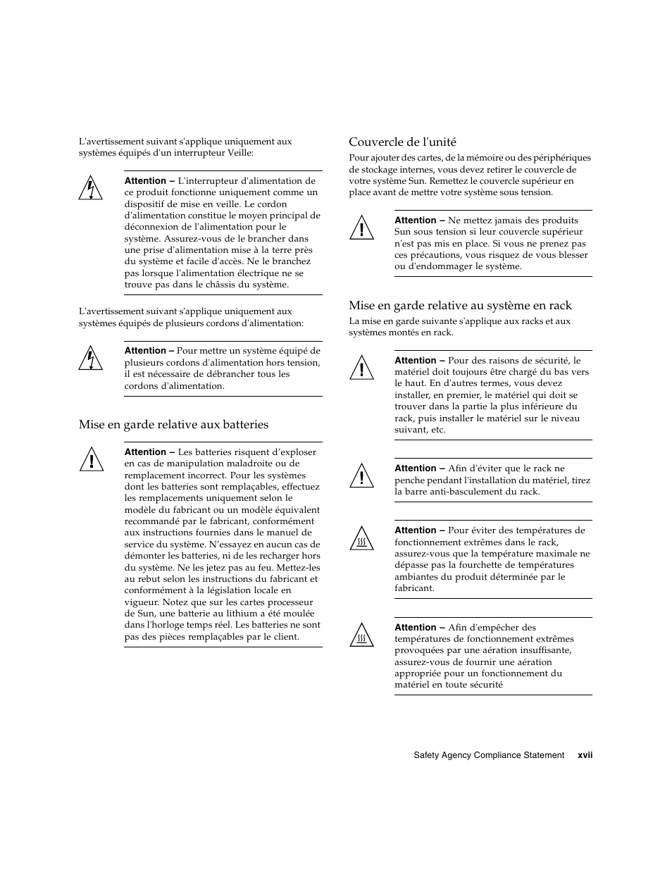 Mise en garde relative aux batteries, Couvercle de l'unité, Mise en garde relative au système en rack | Sun Microsystems Ethernet MMF/UTP Adapter User Manual | Page 17 / 122