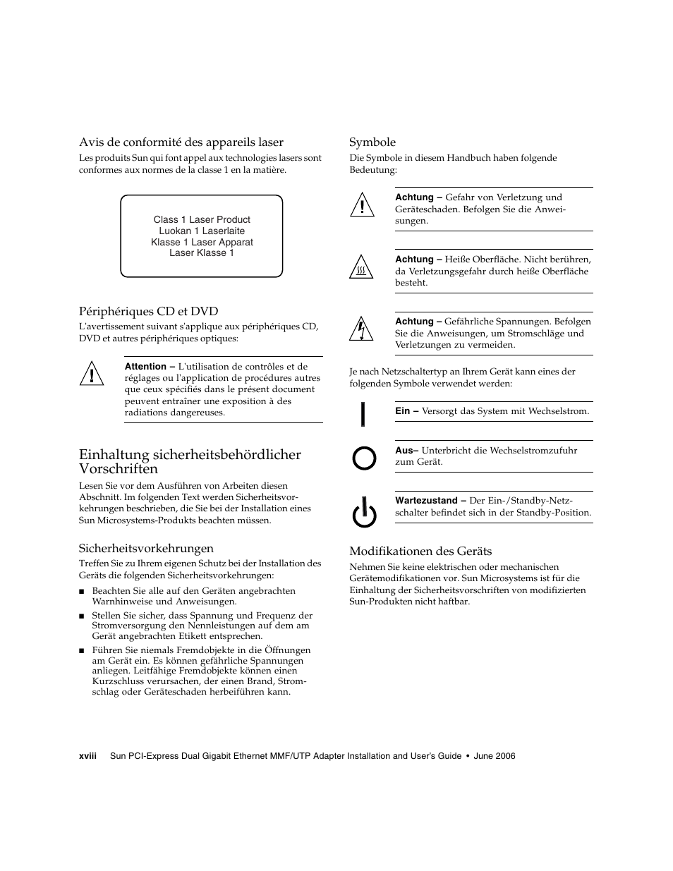 Einhaltung sicherheitsbehördlicher vorschriften, Avis de conformité des appareils laser, Périphériques cd et dvd | Sicherheitsvorkehrungen, Symbole, Modifikationen des geräts | Sun Microsystems Ethernet MMF/UTP Adapter User Manual | Page 18 / 122