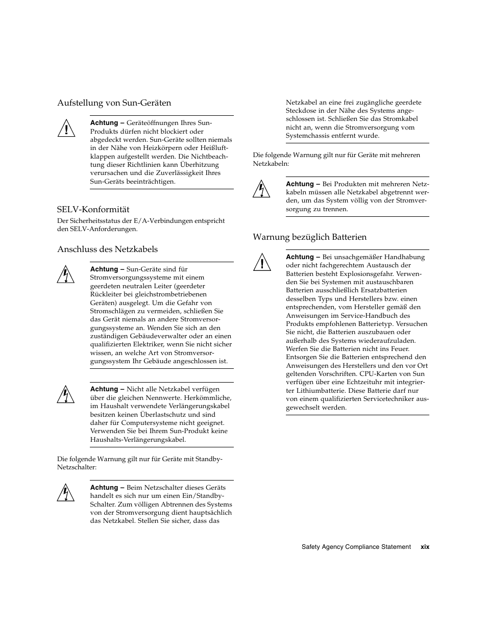 Aufstellung von sun-geräten, Selv-konformität, Anschluss des netzkabels | Warnung bezüglich batterien | Sun Microsystems Ethernet MMF/UTP Adapter User Manual | Page 19 / 122