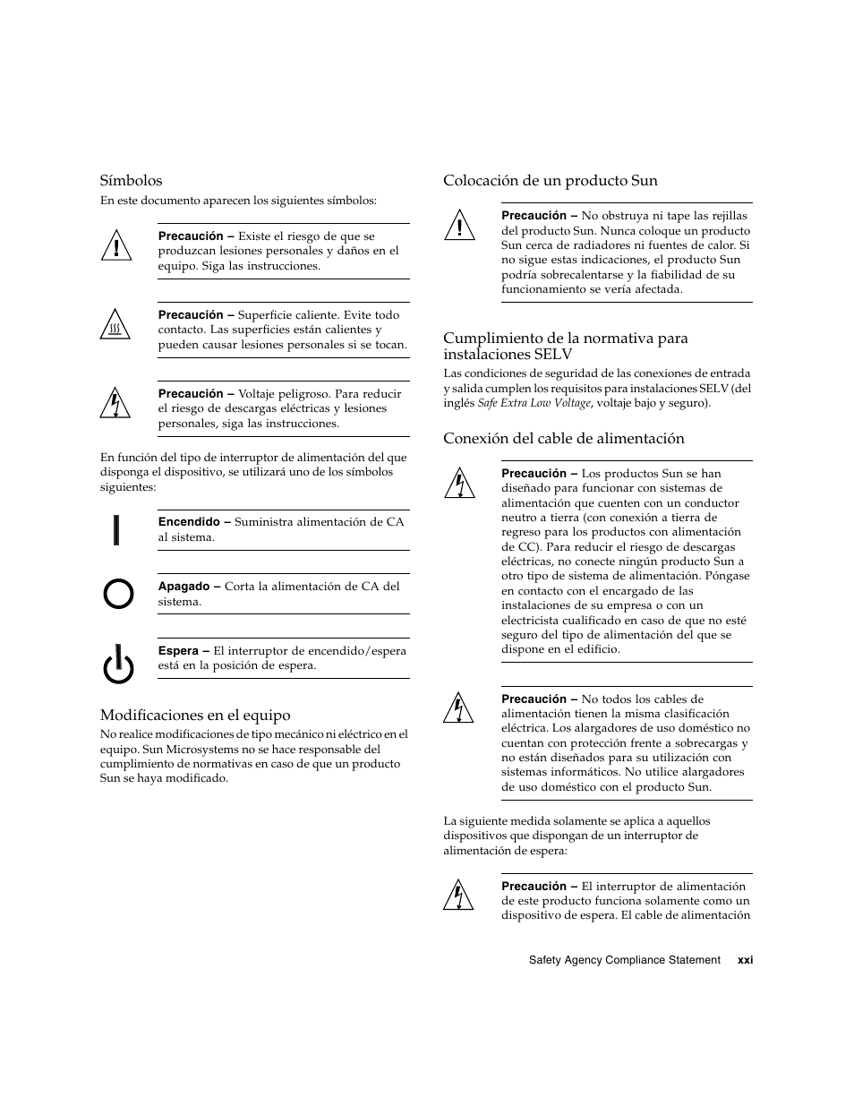 Símbolos, Modificaciones en el equipo, Colocación de un producto sun | Conexión del cable de alimentación | Sun Microsystems Ethernet MMF/UTP Adapter User Manual | Page 21 / 122