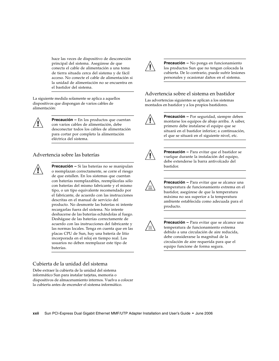 Advertencia sobre las baterías, Cubierta de la unidad del sistema, Advertencia sobre el sistema en bastidor | Sun Microsystems Ethernet MMF/UTP Adapter User Manual | Page 22 / 122