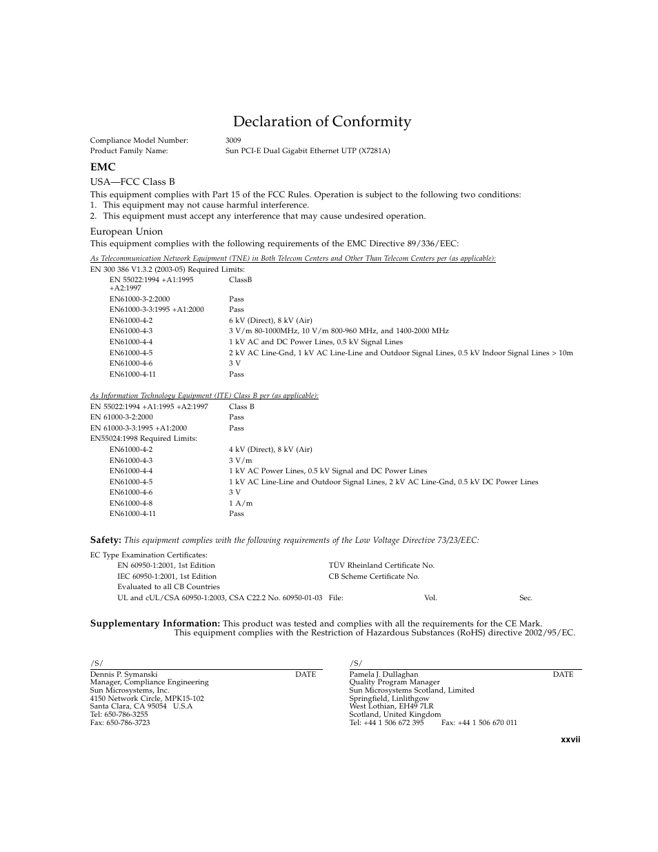 Declaration of conformity, Usa-fcc class b, European union | Sun Microsystems Ethernet MMF/UTP Adapter User Manual | Page 27 / 122