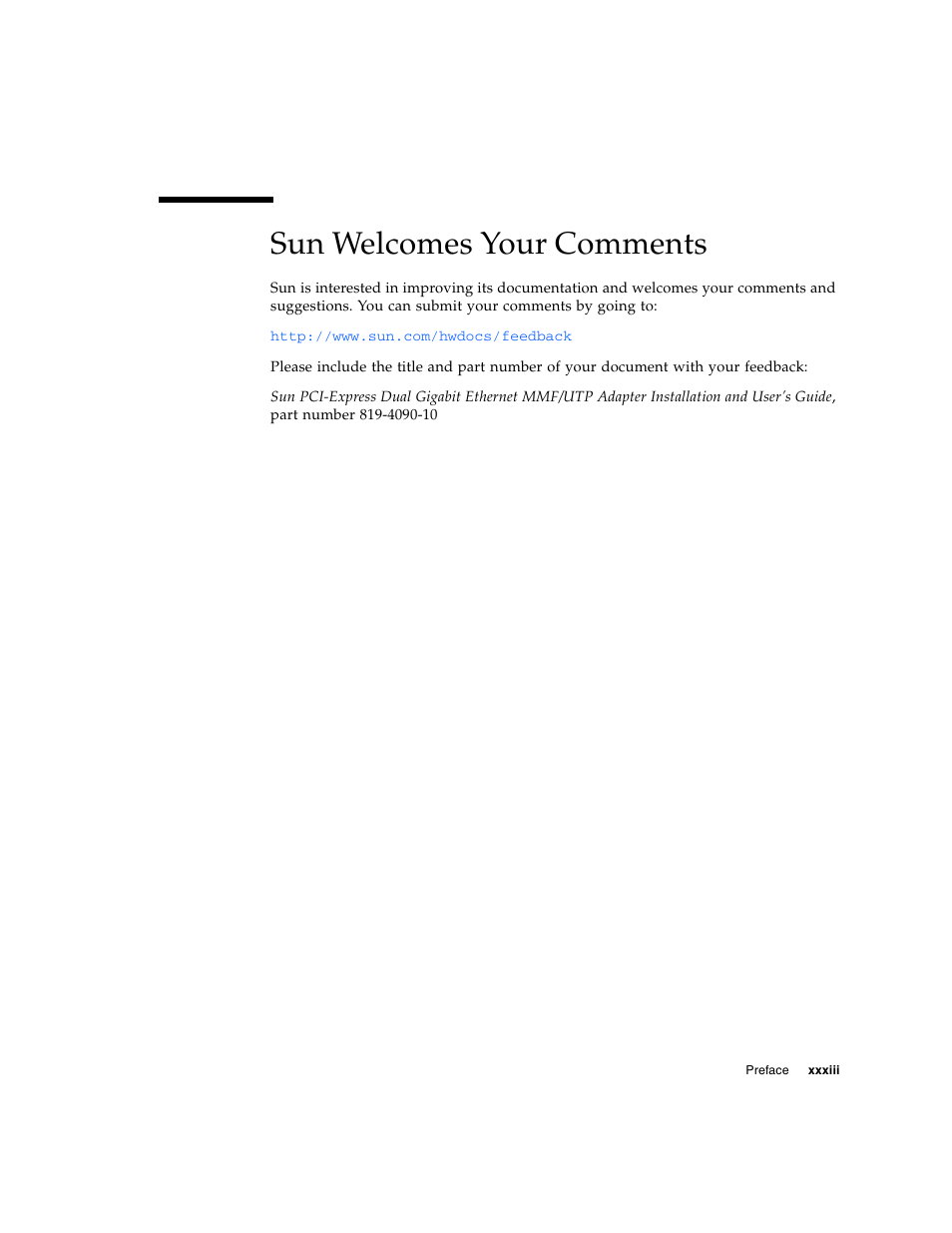 Sun welcomes your comments | Sun Microsystems Ethernet MMF/UTP Adapter User Manual | Page 33 / 122