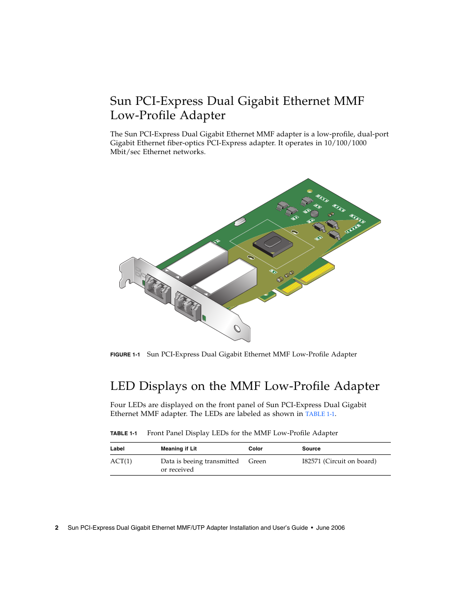 Led displays on the mmf low-profile adapter | Sun Microsystems Ethernet MMF/UTP Adapter User Manual | Page 36 / 122