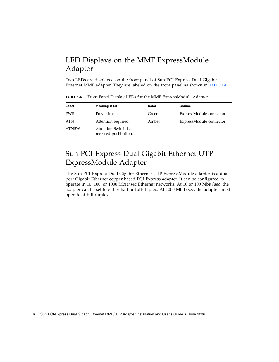 Led displays on the mmf expressmodule adapter | Sun Microsystems Ethernet MMF/UTP Adapter User Manual | Page 40 / 122