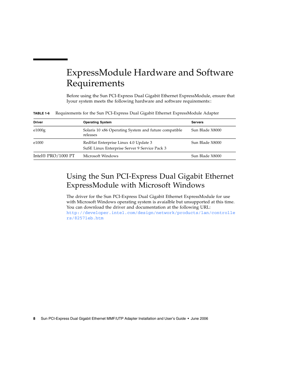 Expressmodule hardware and software requirements, Microsoft windows | Sun Microsystems Ethernet MMF/UTP Adapter User Manual | Page 42 / 122