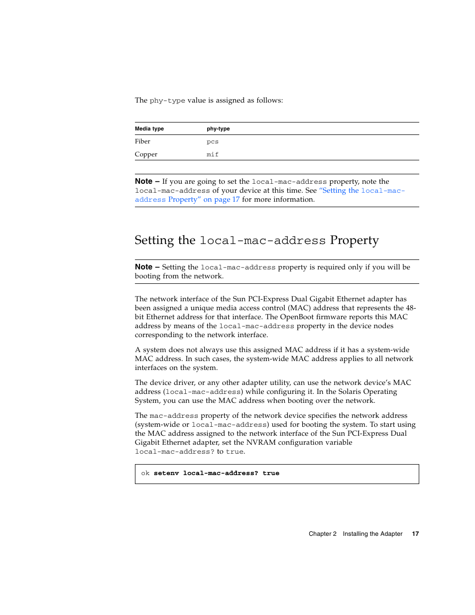 Setting the local-mac-address property, Setting the local-mac-address | Sun Microsystems Ethernet MMF/UTP Adapter User Manual | Page 51 / 122