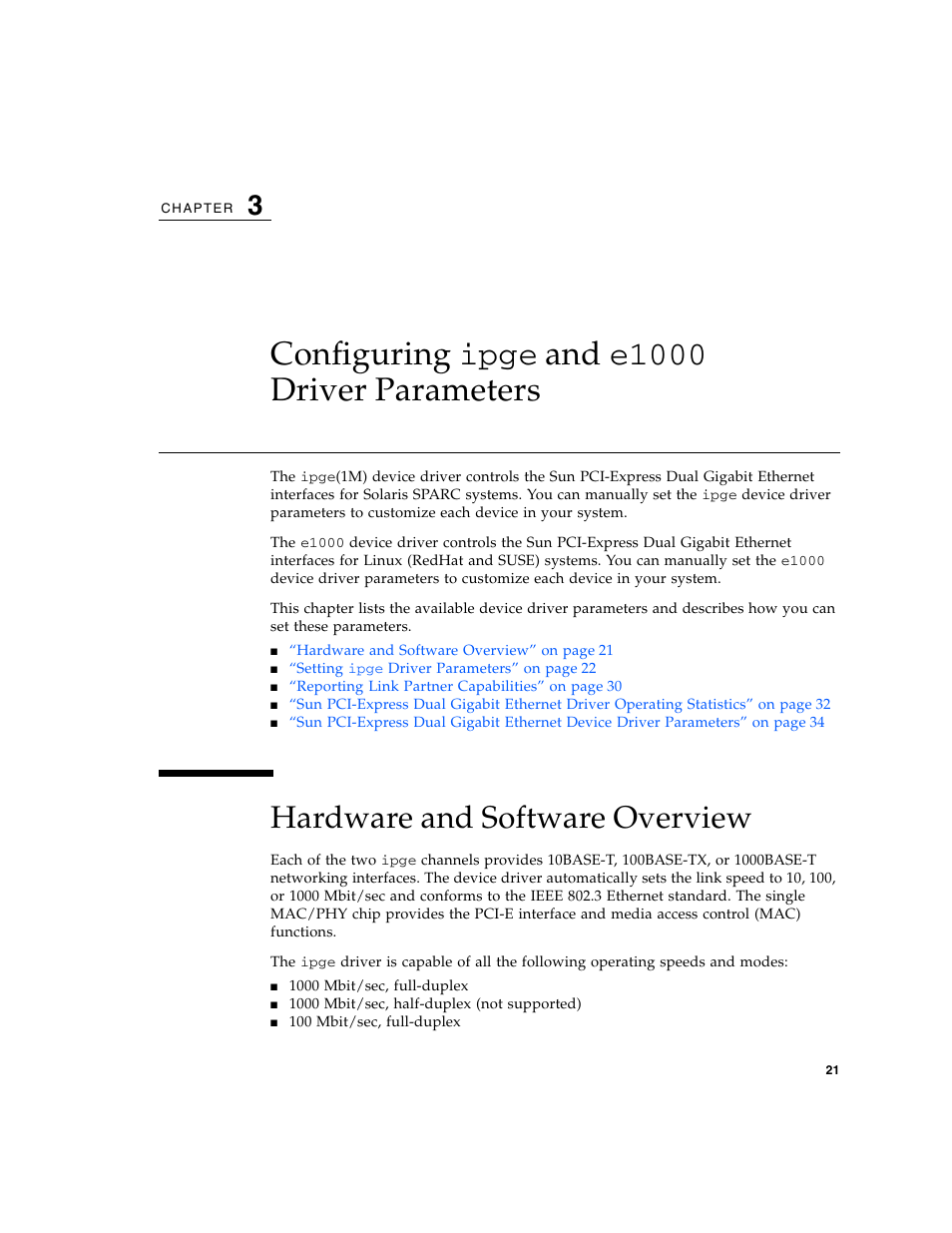 Configuring ipge and e1000 driver parameters, Hardware and software overview, Configuring | Sun Microsystems Ethernet MMF/UTP Adapter User Manual | Page 55 / 122