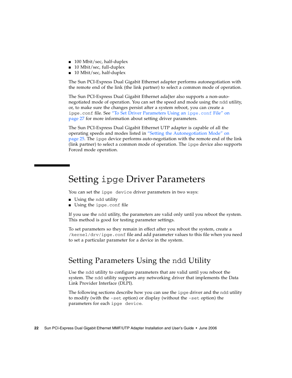 Setting ipge driver parameters, Setting parameters using the ndd utility, Setting | Setting parameters using the | Sun Microsystems Ethernet MMF/UTP Adapter User Manual | Page 56 / 122