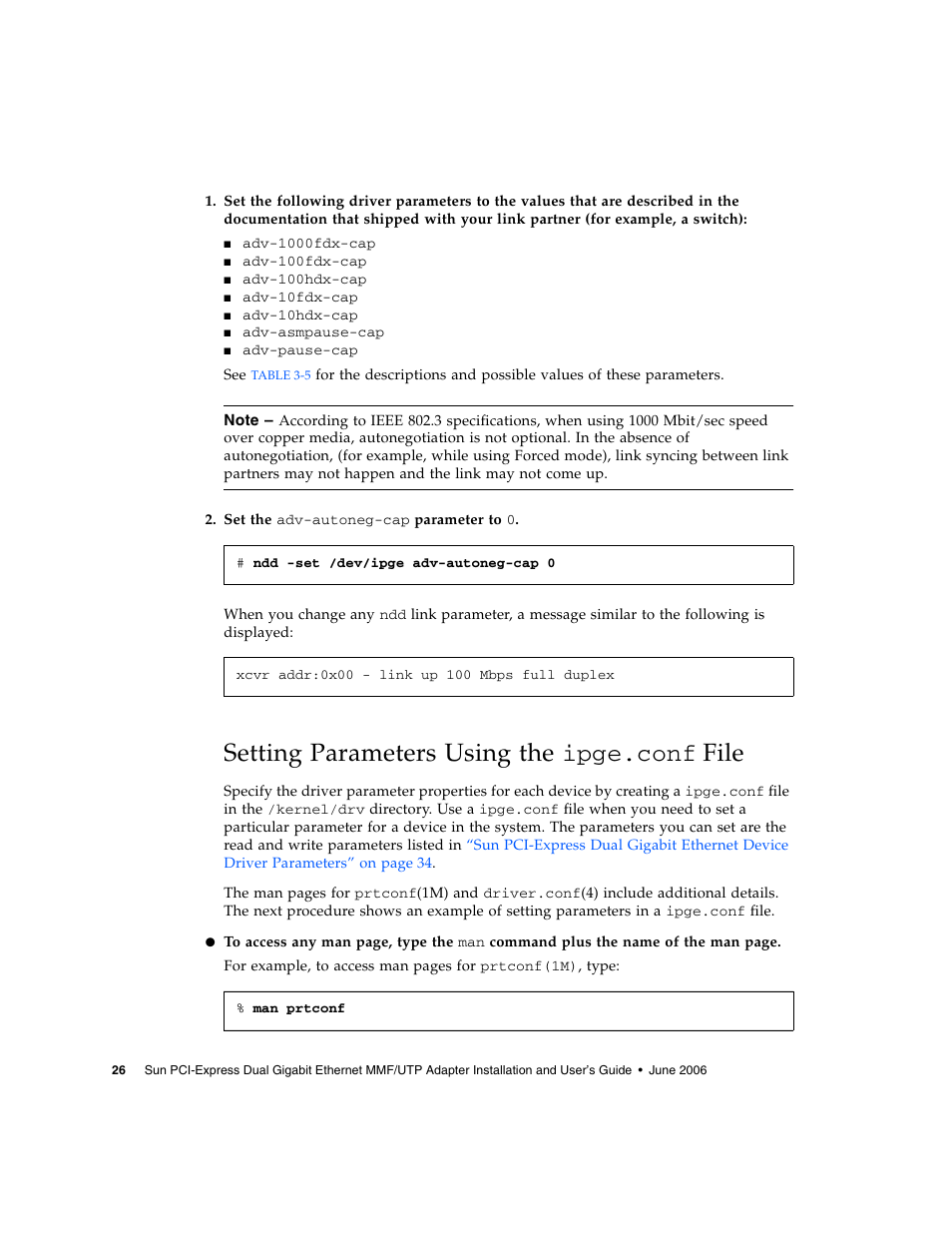 Setting parameters using the ipge.conf file, Setting parameters using the | Sun Microsystems Ethernet MMF/UTP Adapter User Manual | Page 60 / 122