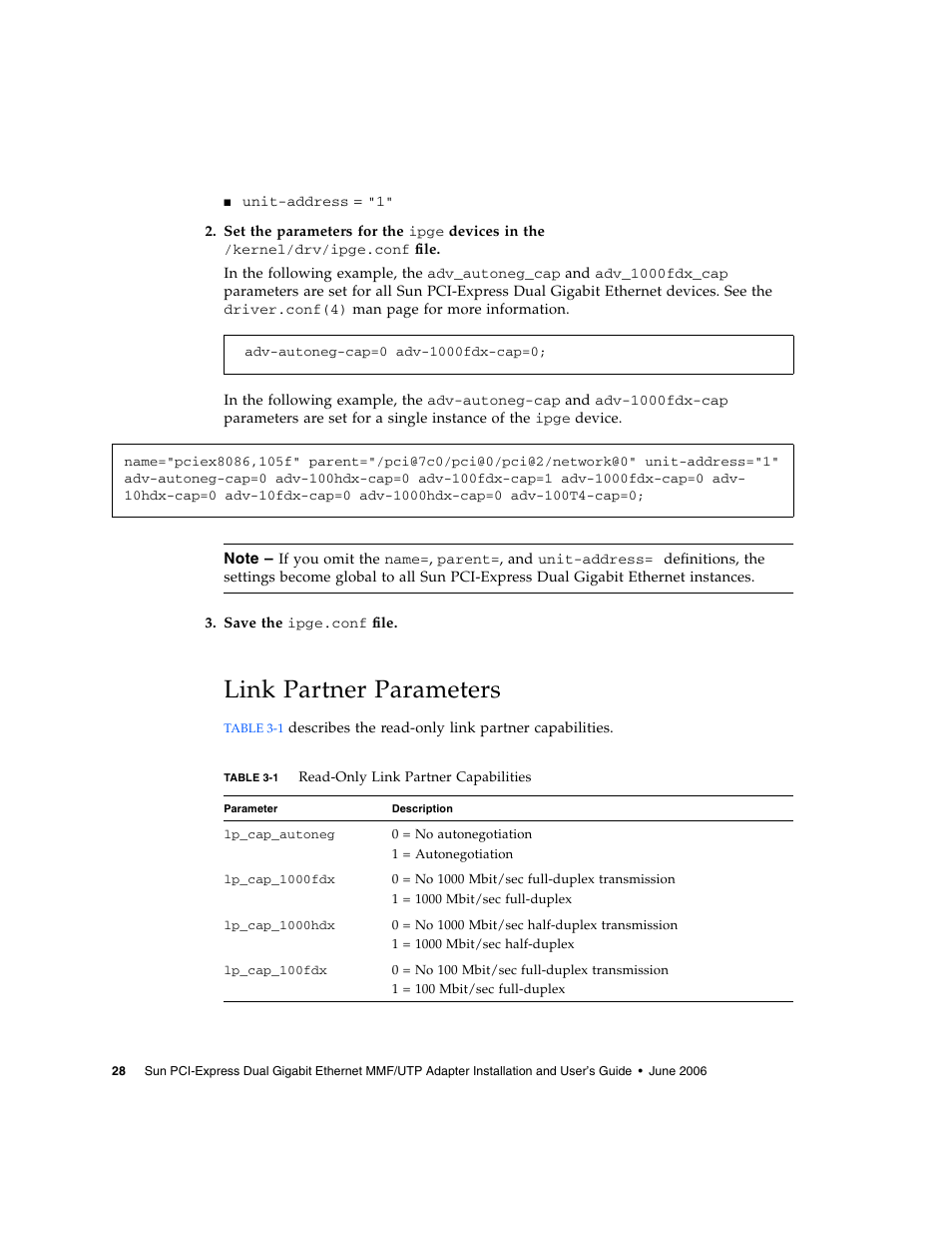 Link partner parameters | Sun Microsystems Ethernet MMF/UTP Adapter User Manual | Page 62 / 122