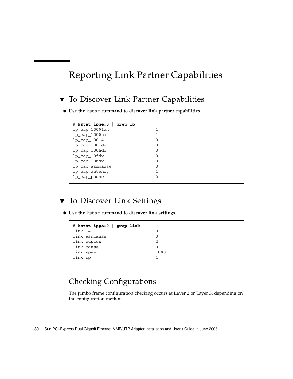 Reporting link partner capabilities, To discover link partner capabilities, To discover link settings | Checking configurations | Sun Microsystems Ethernet MMF/UTP Adapter User Manual | Page 64 / 122