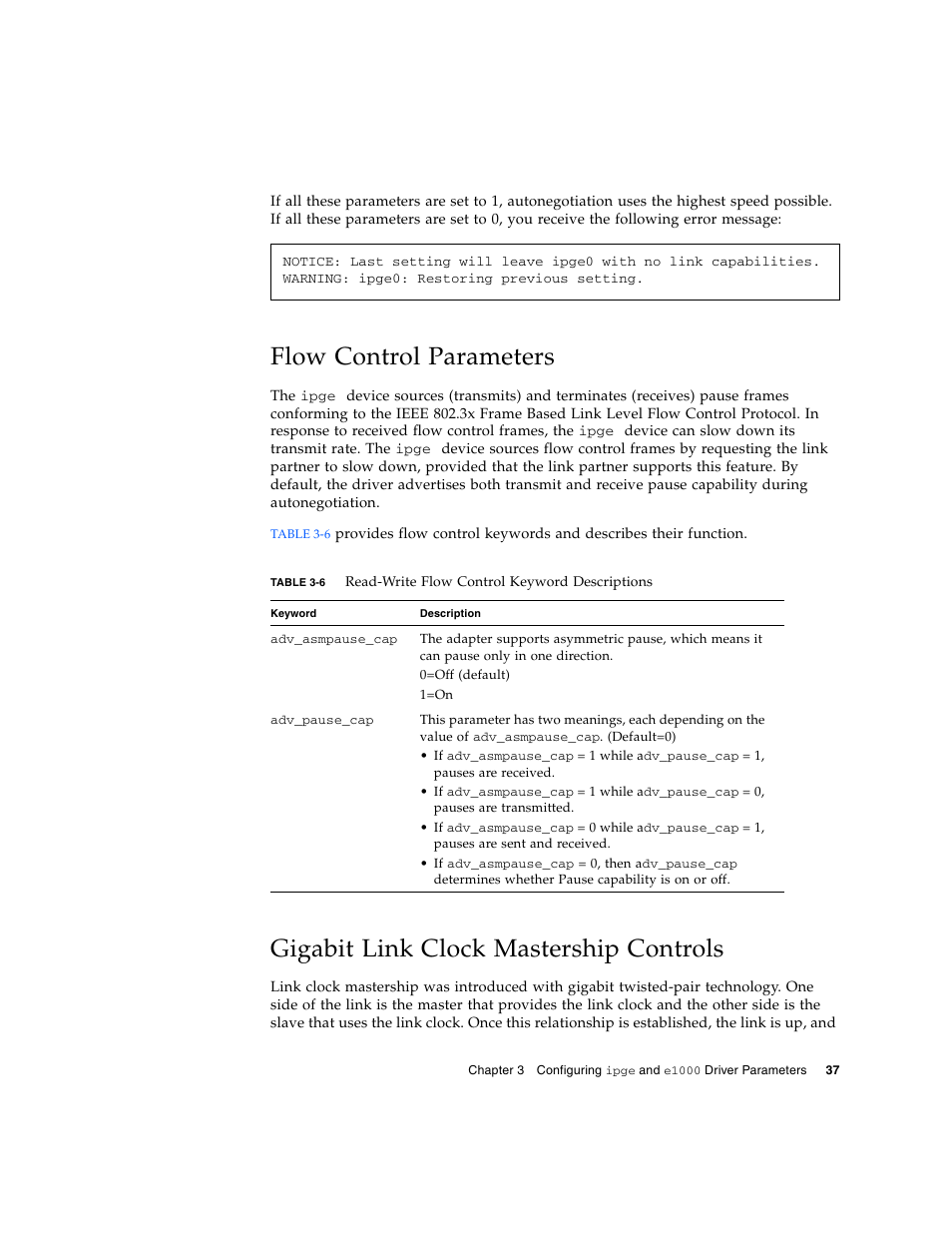 Flow control parameters, Gigabit link clock mastership controls | Sun Microsystems Ethernet MMF/UTP Adapter User Manual | Page 71 / 122