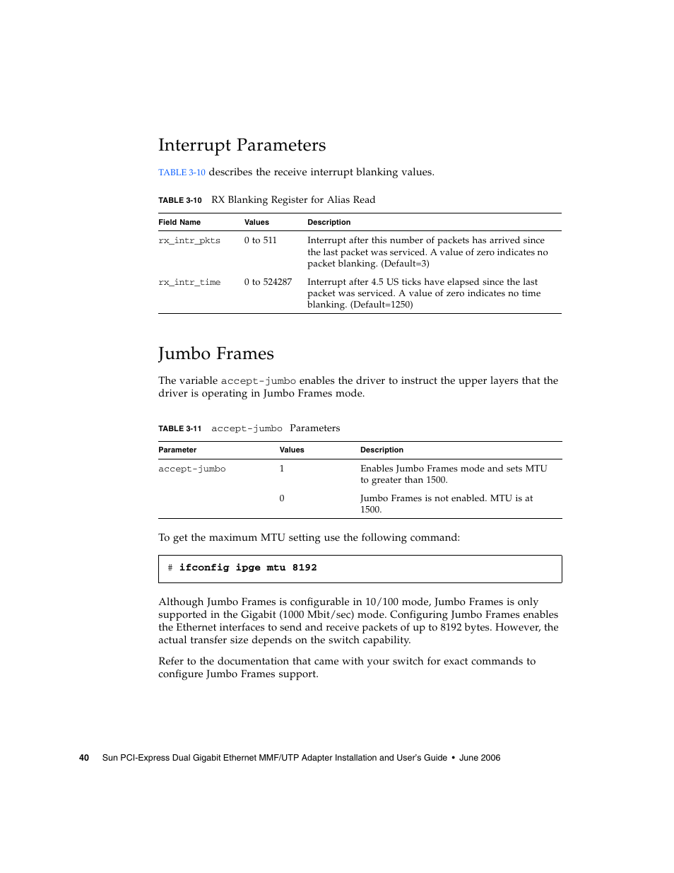 Interrupt parameters, Jumbo frames | Sun Microsystems Ethernet MMF/UTP Adapter User Manual | Page 74 / 122