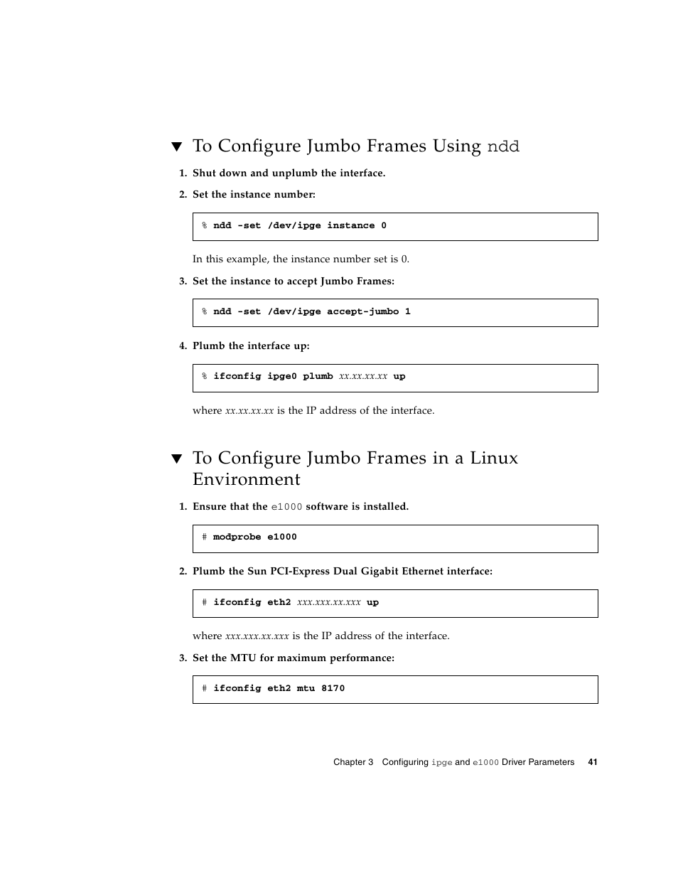 To configure jumbo frames using ndd, To configure jumbo frames in a linux environment | Sun Microsystems Ethernet MMF/UTP Adapter User Manual | Page 75 / 122