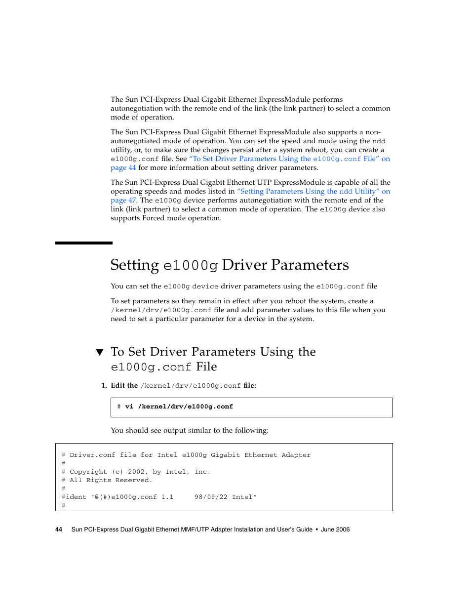 Setting e1000g driver parameters, Setting, To set driver parameters using the | Sun Microsystems Ethernet MMF/UTP Adapter User Manual | Page 78 / 122