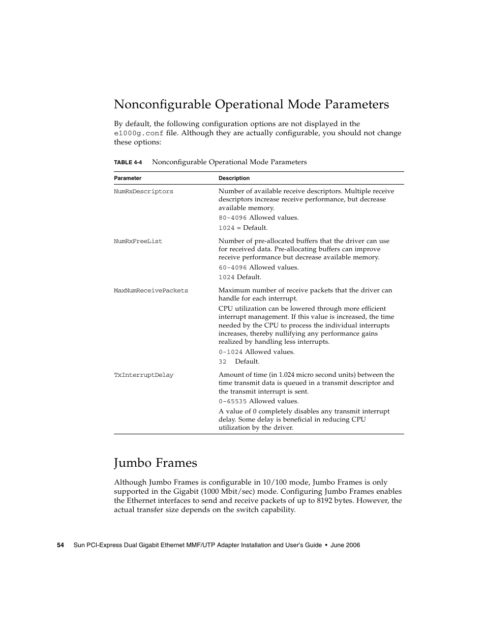 Nonconfigurable operational mode parameters, Jumbo frames | Sun Microsystems Ethernet MMF/UTP Adapter User Manual | Page 88 / 122