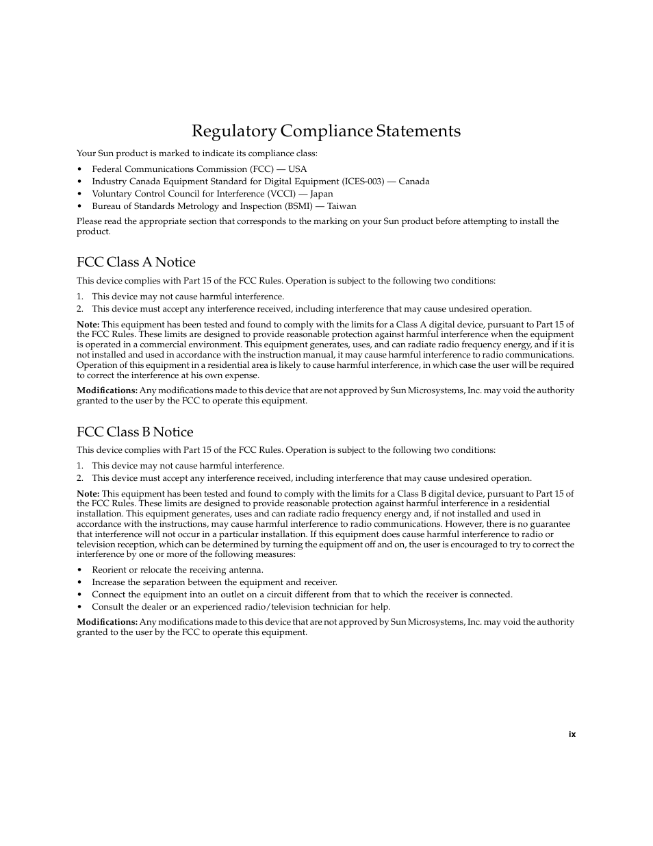 Regulatory compliance statements, Fcc class a notice, Fcc class b notice | Sun Microsystems Ethernet MMF/UTP Adapter User Manual | Page 9 / 122