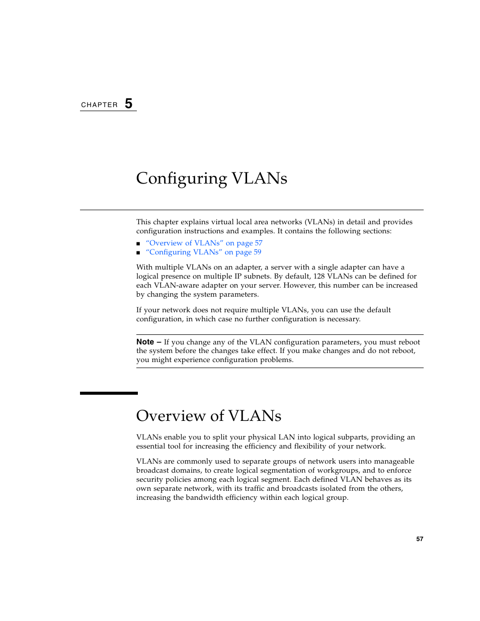 Configuring vlans, Overview of vlans, Chapter 5 | Sun Microsystems Ethernet MMF/UTP Adapter User Manual | Page 91 / 122