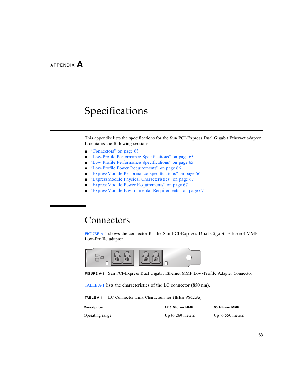 Specifications, Connectors, Appendix a | Sun Microsystems Ethernet MMF/UTP Adapter User Manual | Page 97 / 122