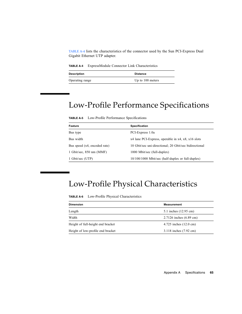 Low-profile performance specifications, Low-profile physical characteristics | Sun Microsystems Ethernet MMF/UTP Adapter User Manual | Page 99 / 122