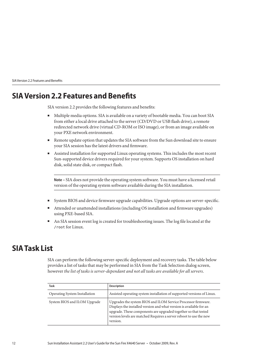 Sia version 2.2 features and benefits, Sia task list | Sun Microsystems SUN FIRE X4640 User Manual | Page 12 / 72