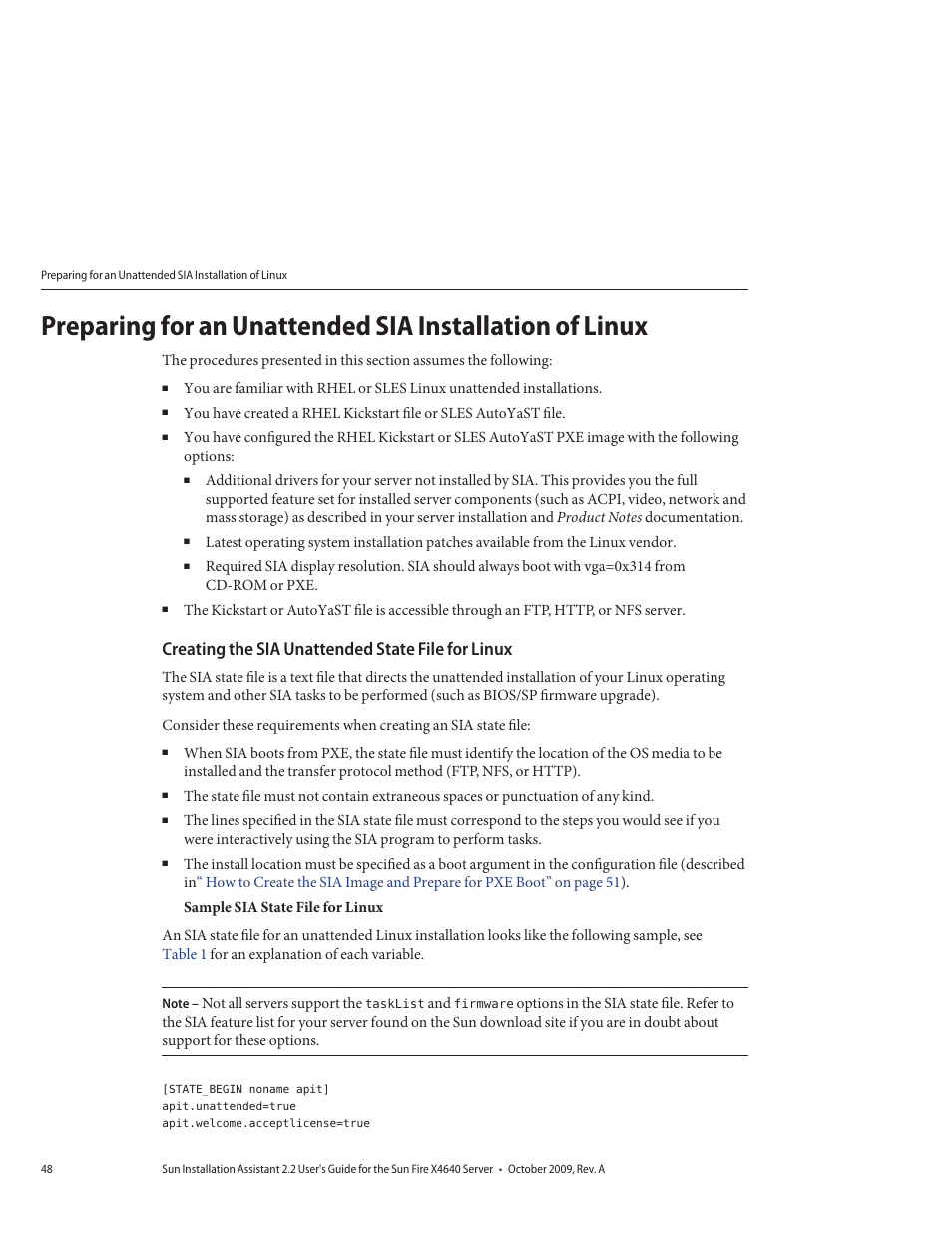 Creating the sia unattended state file for linux | Sun Microsystems SUN FIRE X4640 User Manual | Page 48 / 72