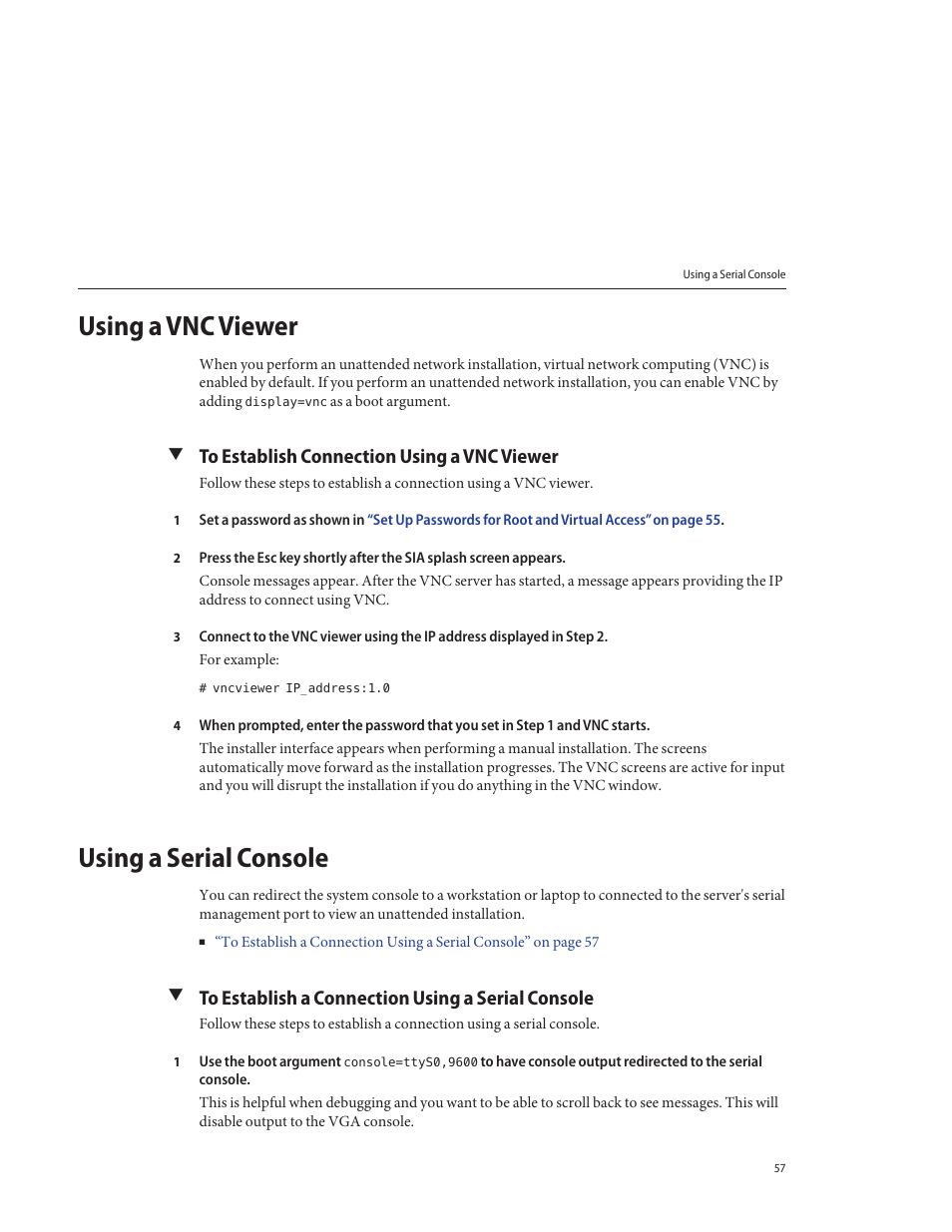 Using a vnc viewer, To establish connection using a vnc viewer, Using a serial console | To establish a connection using a serial console | Sun Microsystems SUN FIRE X4640 User Manual | Page 57 / 72