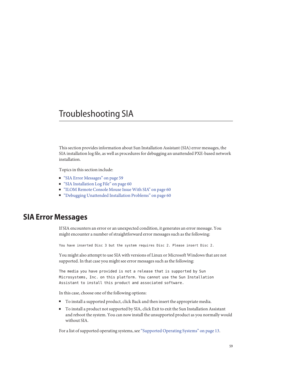 Troubleshooting sia, Sia error messages | Sun Microsystems SUN FIRE X4640 User Manual | Page 59 / 72