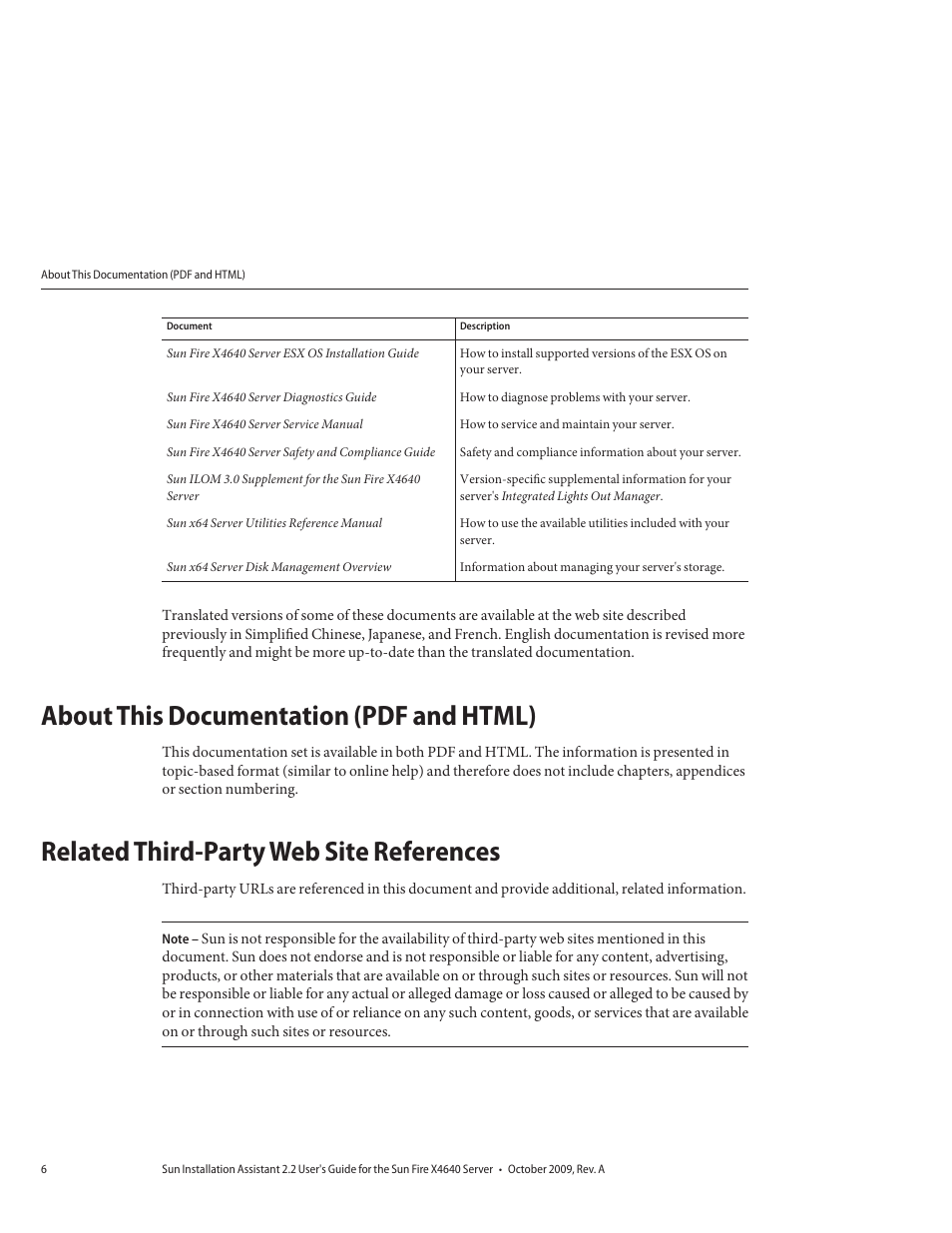 About this documentation (pdf and html), Related third-party web site references | Sun Microsystems SUN FIRE X4640 User Manual | Page 6 / 72