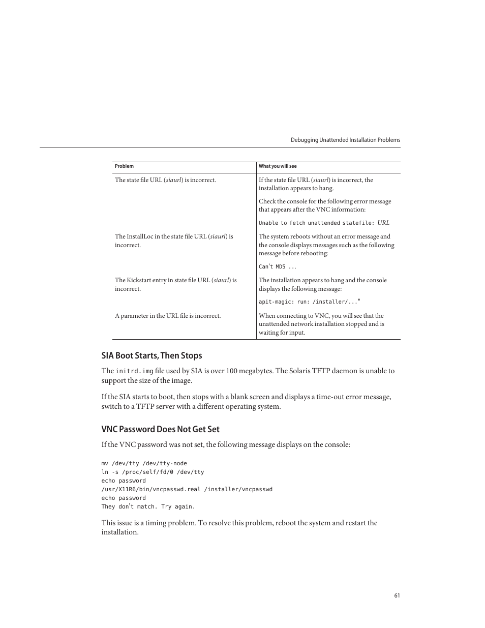 Sia boot starts, then stops, Vnc password does not get set | Sun Microsystems SUN FIRE X4640 User Manual | Page 61 / 72