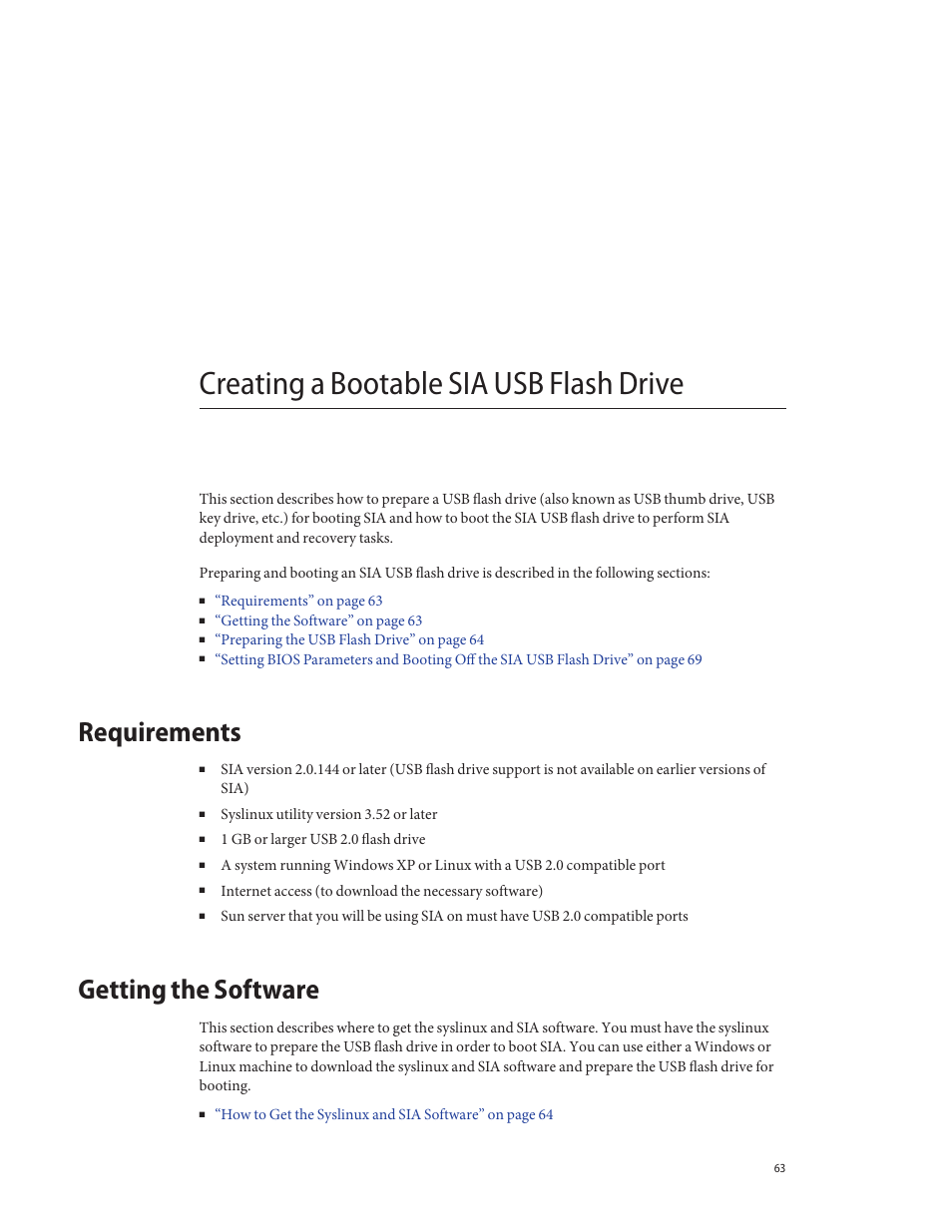 Creating a bootable sia usb flash drive, Requirements, Getting the software | Creating a bootable sia usb flash drive” on | Sun Microsystems SUN FIRE X4640 User Manual | Page 63 / 72