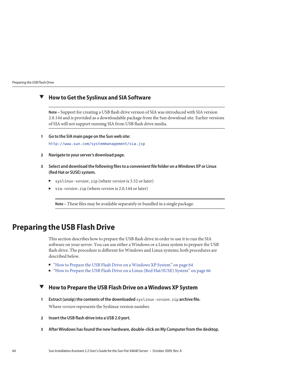 How to get the syslinux and sia software, Preparing the usb flash drive | Sun Microsystems SUN FIRE X4640 User Manual | Page 64 / 72