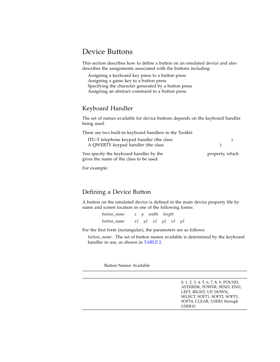 Device buttons, Keyboard handler, Defining a device button | Table 2, Button names available | Sun Microsystems Computer Accessories User Manual | Page 43 / 78
