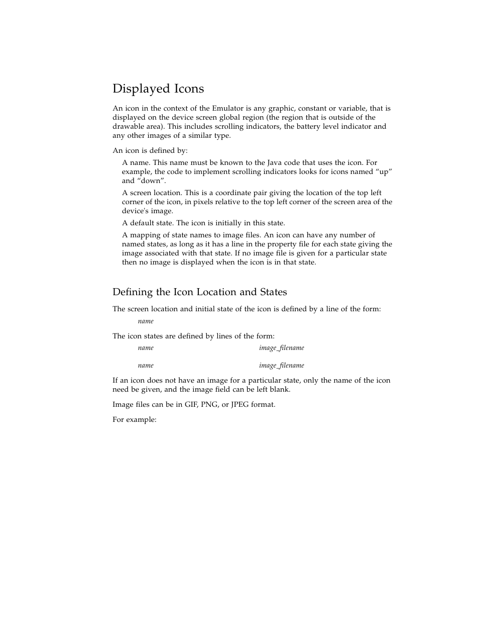 Displayed icons, Defining the icon location and states | Sun Microsystems Computer Accessories User Manual | Page 52 / 78