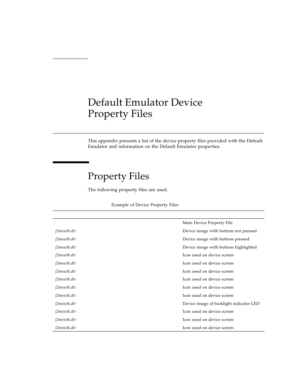 Default emulator device property files, Property files, Default emulator device | Table 5, Example of device property files, Appendix a | Sun Microsystems Computer Accessories User Manual | Page 59 / 78