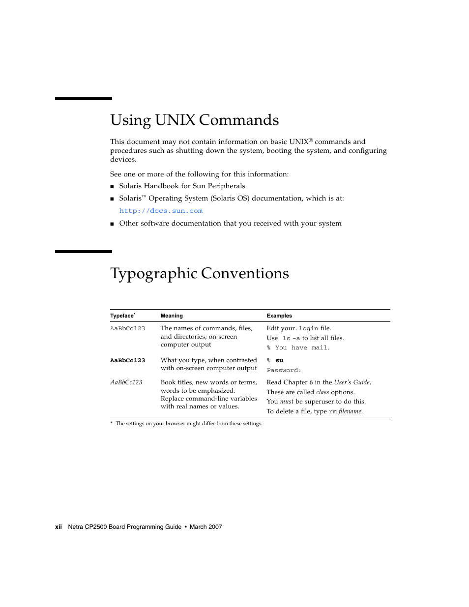 Using unix commands, Typographic conventions | Sun Microsystems Netra CP2500 User Manual | Page 12 / 74