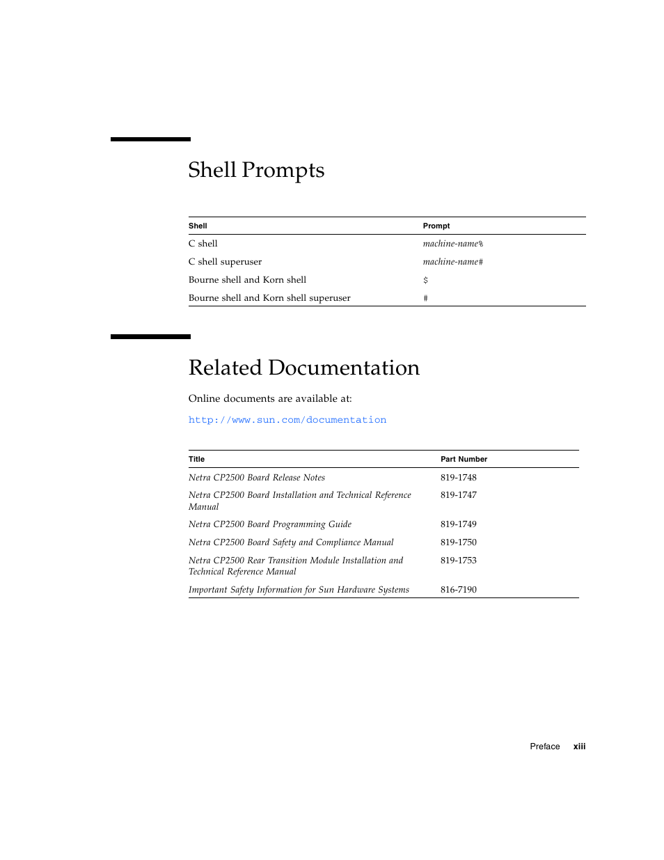 Shell prompts related documentation | Sun Microsystems Netra CP2500 User Manual | Page 13 / 74