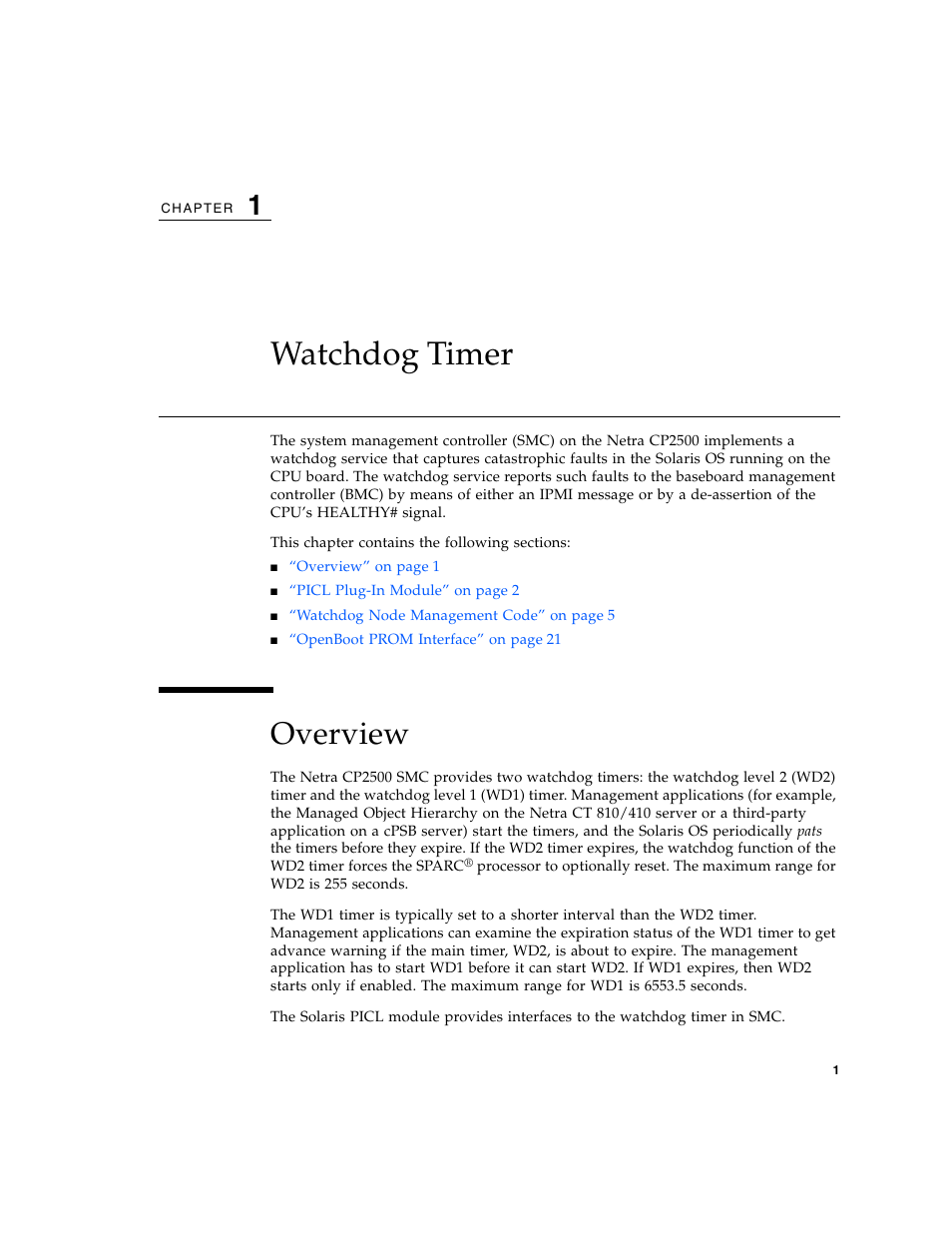 Watchdog timer, Overview | Sun Microsystems Netra CP2500 User Manual | Page 15 / 74